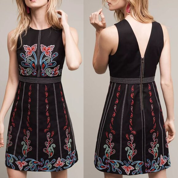 Anthropologie Dresses & Skirts - Anthropologie Maeve Chennai Embroidered Paisley Floral Mini Dress Black Size 6